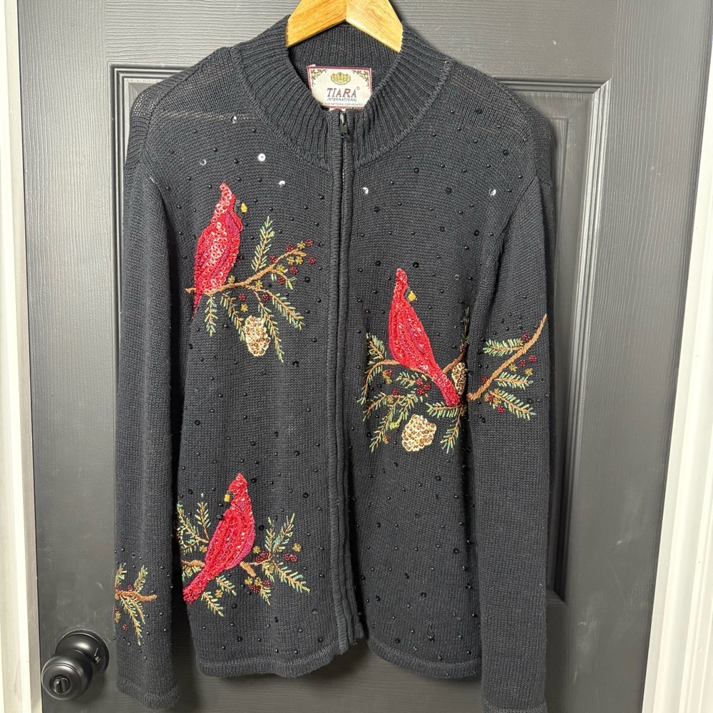 Vintage Tiara Black Cardigan with Red Cardinal Design